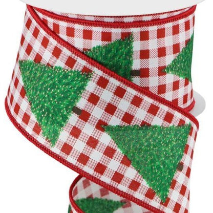 Wired Ribbon * Christmas Tree on Gingham * Glitter * White, Green Brown and Red  * 2.5" x 10 Yards  Canvas * RGC1699F4
