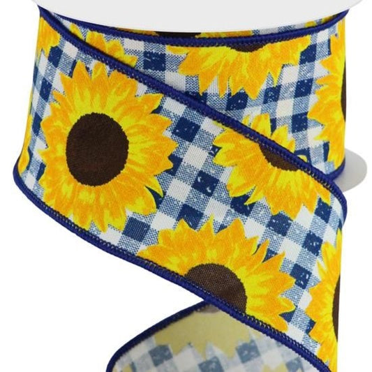 Wired Ribbon * Sunflowers On Check * Dk. Blue, Yellow, Orange and Brown PG Canvas * 2.5" x 10 Yards * RGC171203