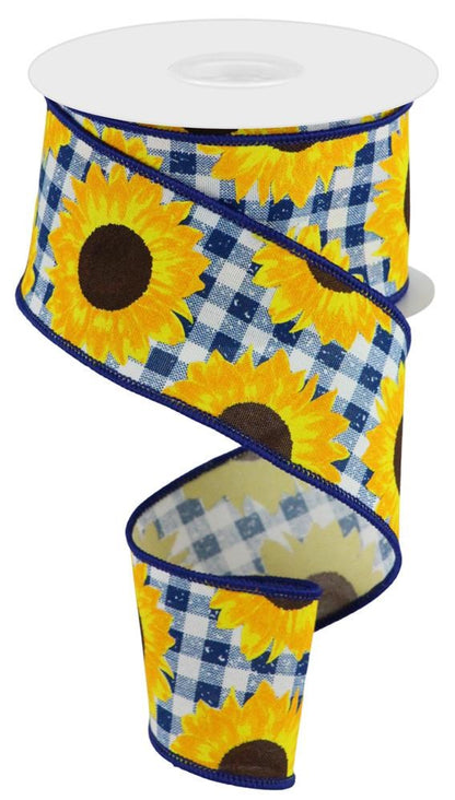 Wired Ribbon * Sunflowers On Check * Dk. Blue, Yellow, Orange and Brown PG Canvas * 2.5" x 10 Yards * RGC171203