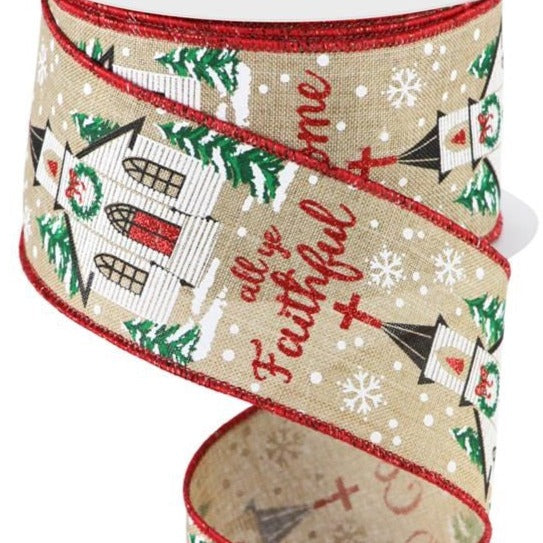 Wired Ribbon * O Come All Ye Faithful * Church * Lt. Beige, Red. Green and Black Canvas  * 2.5" x 10 Yards * RGC1717R2