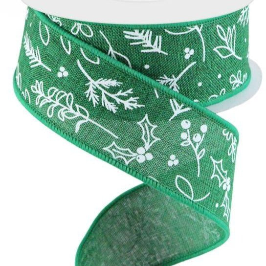 Wired Ribbon * Hand Drawn Winter Greenery * Emerald Green and White * 1.5" x 10 Yards Canvas * RGC172006