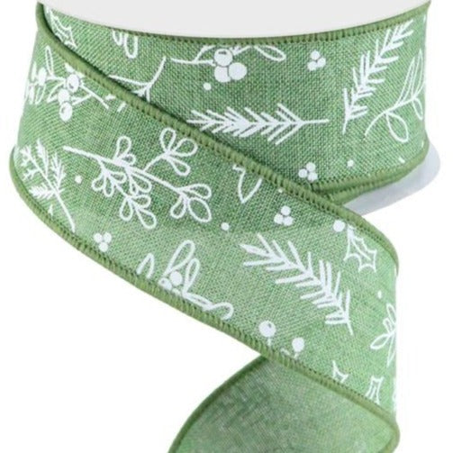 Wired Ribbon * Hand Drawn Winter Greenery * Clover Green and White * 1.5" x 10 Yards Canvas * RGC17202C