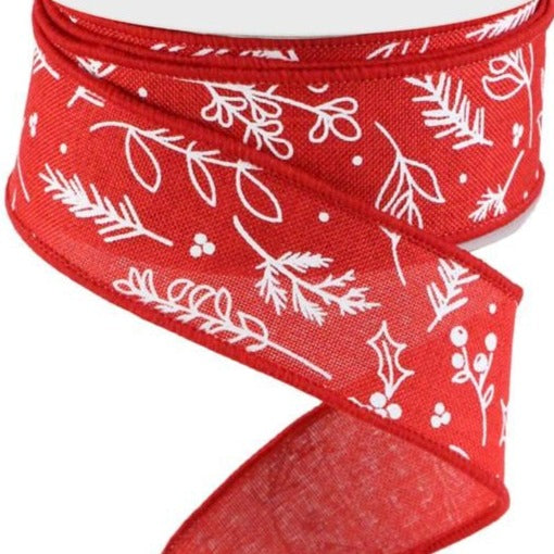 Wired Ribbon * Hand Drawn Winter Greenery * Red and White * 1.5" x 10 Yards Canvas * RGC172224