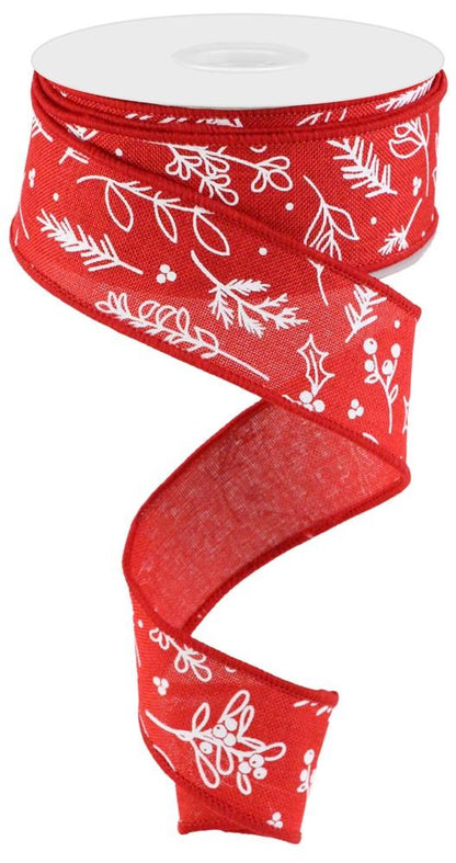 Wired Ribbon * Hand Drawn Winter Greenery * Red and White * 1.5" x 10 Yards Canvas * RGC172224