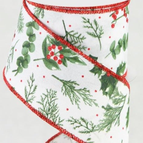 Wired Ribbon * Winter Foliage * White, Sage and Red Canvas  * 2.5" x 10 Yards * RGC17282E