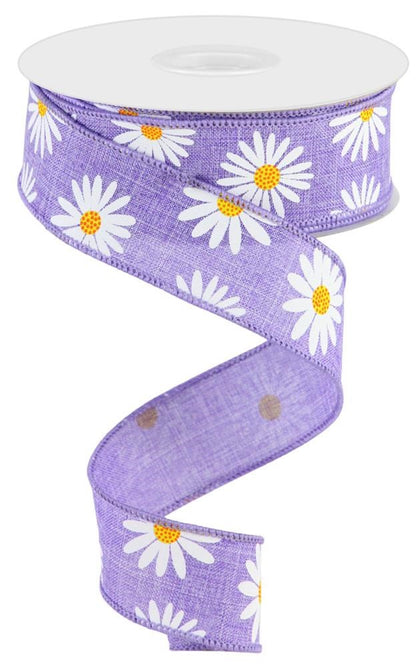 Wired Ribbon * Daisies * Lavender, White, Yellow and Orange Canvas * 1.5"  x 10 Yards * RGC173913
