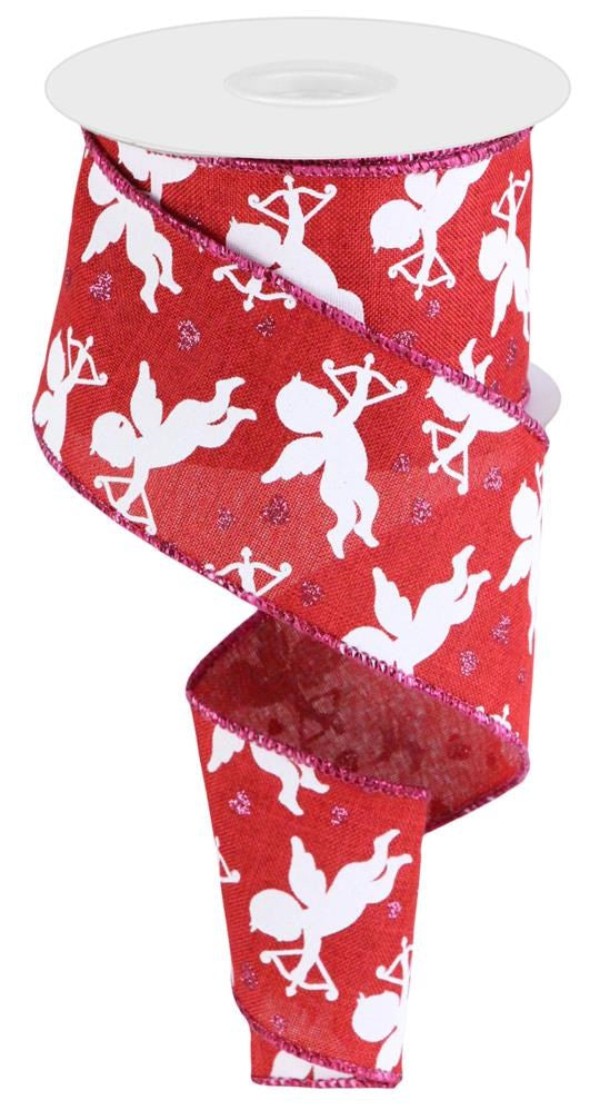Wired Ribbon * Valentine's Day Cupid * Dk. Red, White and Pink Canvas * 2.5" x 10 Yards * RGC179624