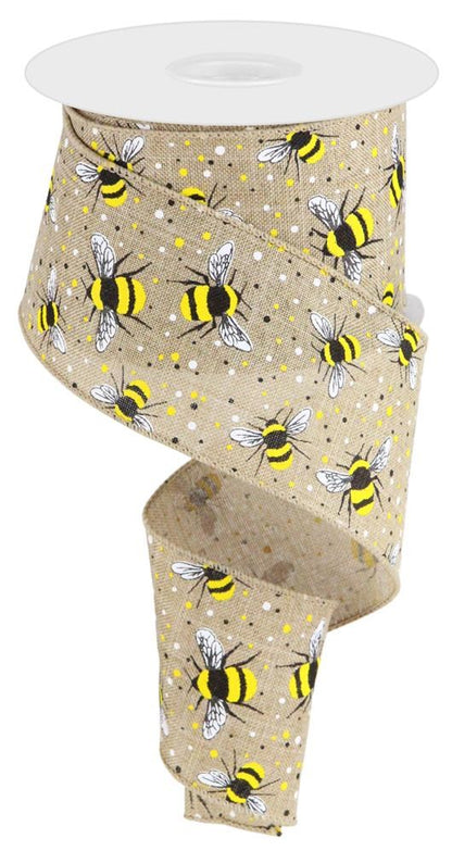 Wired Ribbon * Bumble Bees * Lt. Beige, White, Yellow and Black Canvas * 2.5" x 10 Yards * RGC179801
