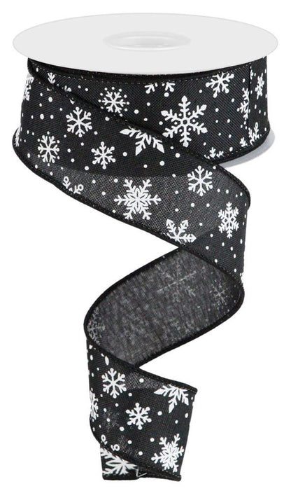 Wired Ribbon * Mini Snowflakes * Black and White * 1.5" x 10 Yards * Canvas * RGC182302