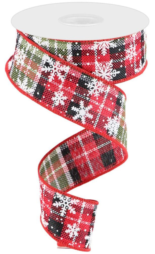 Wired Ribbon * Mini Snowflakes * Red, White, Black and Moss Green * 1.5" x 10 Yards * Woven Canvas * RGC1831CM
