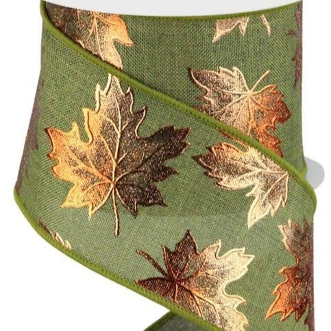 Wired Ribbon * Foil Maple Leaves * Fern Green and Copper * 2.5" x 10 Yards Canvas * RGC1834EW