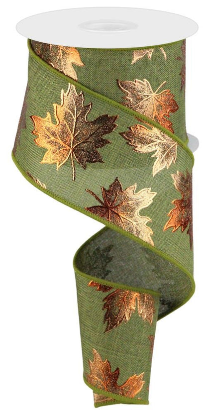 Wired Ribbon * Foil Maple Leaves * Fern Green and Copper * 2.5" x 10 Yards Canvas * RGC1834EW