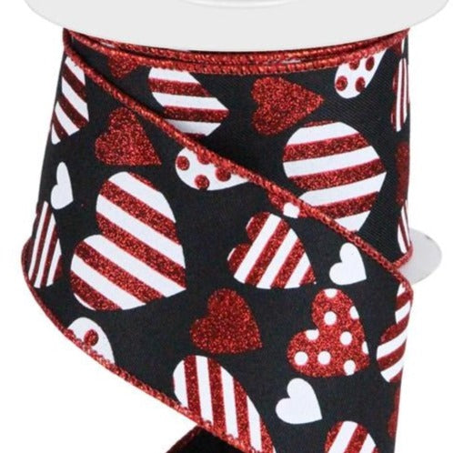Valentine Wired Ribbon * Valentine Hearts *  Black, White and Red Canvas  * 2.5" x 10 Yards * RGC183902