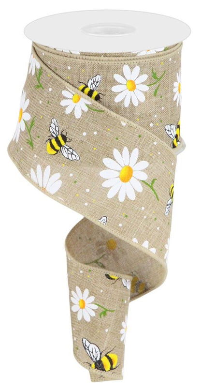 Wired Ribbon * Bumble Bees And Daisies * Beige, White, Yellow, Green, Orange and Black * 2.5" x 10 Yards * RGC184801