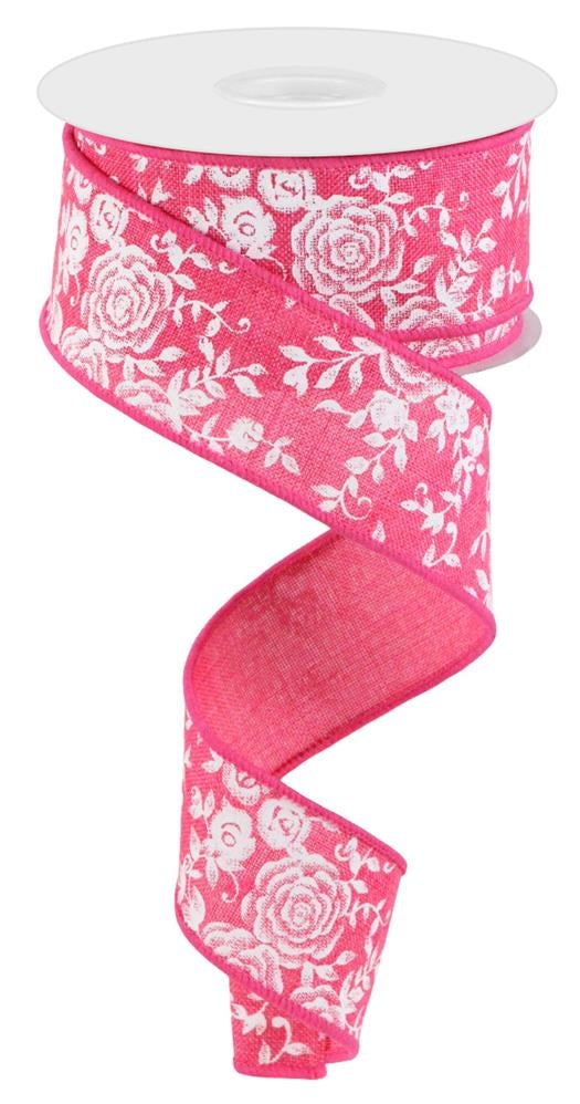 Wired Ribbon * Mini Rose * Hot Pink and White * 1.5" x 10 Yards * Canvas * RGC186011