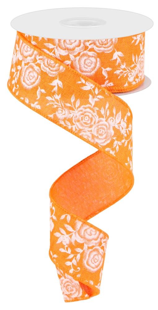 Orange Roses Ribbons Wired Ribbon * Mini Rose * New Orange and White * 1.5