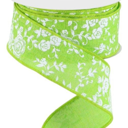 Wired Ribbon * Mini Rose * Lime Green and White * 1.5" x 10 Yards * Canvas * RGC186033