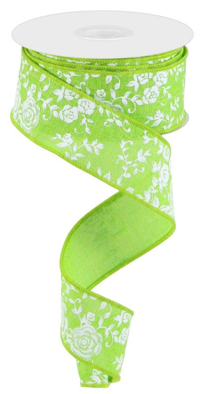 Wired Ribbon * Mini Rose * Lime Green and White * 1.5" x 10 Yards * Canvas * RGC186033