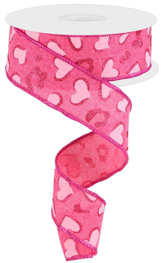 Wired Ribbon * Heart Leopard Spots * Hot Pink and Pink * 1.5" x 10 Yards * Canvas * RGC189411