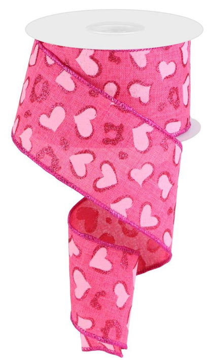 Wired Ribbon * Heart Leopard Spots * Hot Pink and Pink Canvas * 2.5" x 10 Yards * RGC189511