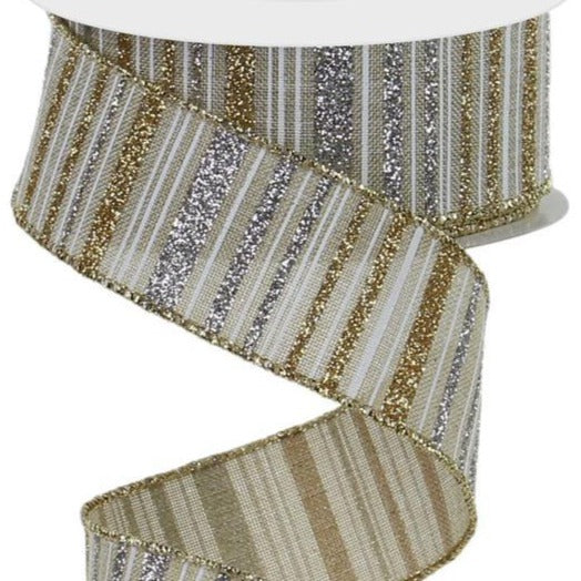 Rgc Ribbon Wired Ribbon * Glitter Stripe * Natural, Gold and Silver * 1.5
