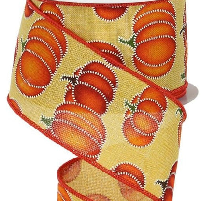 Wired Ribbon * Stitched Pumpkins * Mustard, Orange, White and Green Canvas * 2.5" x 10 Yards * RGC1975LA