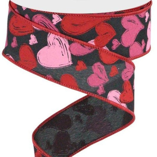 Wired Ribbon * Hand Drawn Hearts * Black, Red, Hot Pink and Pink * 1.5" x 10 Yards * Canvas * RGC199102