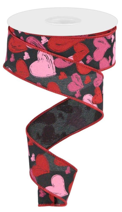 Wired Ribbon * Hand Drawn Hearts * Black, Red, Hot Pink and Pink * 1.5" x 10 Yards * Canvas * RGC199102