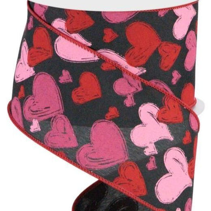 Wired Ribbon * Hand Drawn Hearts * Black, Red, Hot Pink and Pink Canvas * 2.5" x 10 Yards * RGC199202