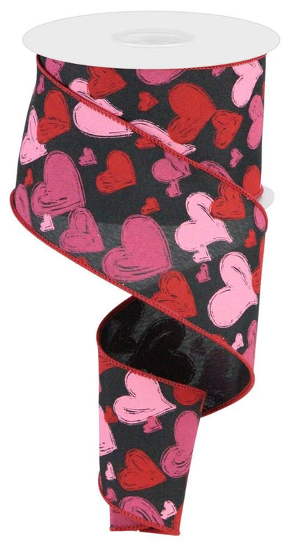 Wired Ribbon * Hand Drawn Hearts * Black, Red, Hot Pink and Pink Canvas * 2.5" x 10 Yards * RGC199202