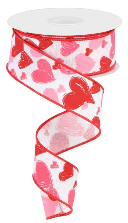 Wired Ribbon * Hand Drawn Hearts * White, Red, Hot Pink and Pink * 1.5" x 10 Yards * Canvas * RGC199327