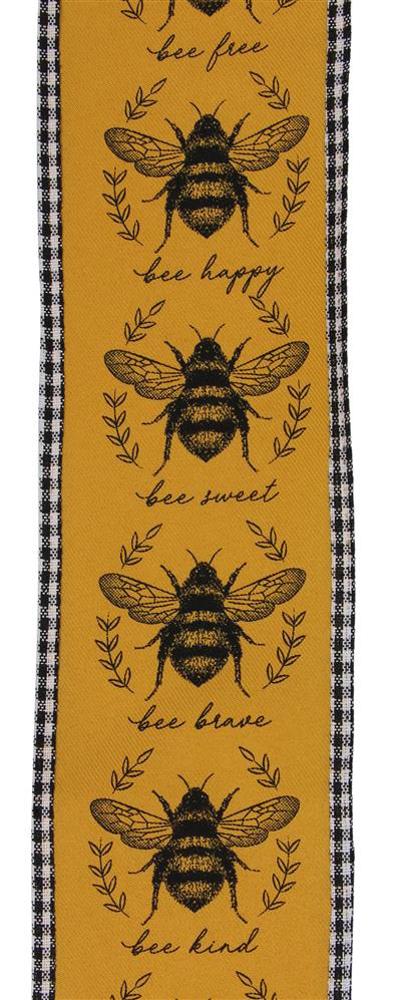 Wired Ribbon * Classic Honey Bee w/Gingham Trim * Dk.Yellow, White and Black Canvas * 2.5" x 10 Yards * RGC8066NC
