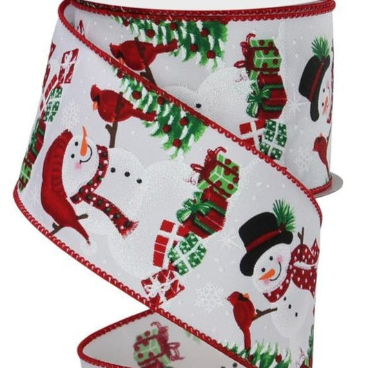 Wired Ribbon * Snowman, Cardinals and Presents* White, Red and Green Canvas * 2.5" x 10 Yards * RGE104527