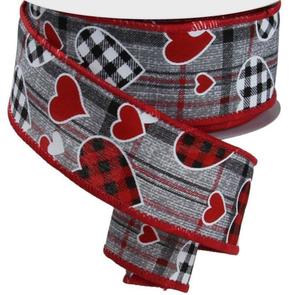 Wired Ribbon * Check Hearts Mini Hearts Plaid * Grey, Black, Red and White * 1.5" x 10 Yards * RGE107610  * Canvas