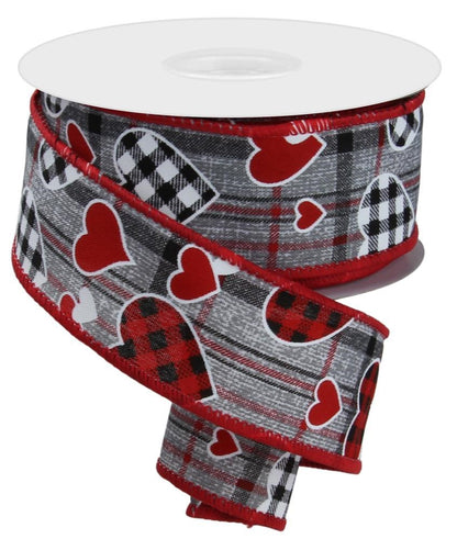 Wired Ribbon * Check Hearts Mini Hearts Plaid * Grey, Black, Red and White * 1.5" x 10 Yards * RGE107610  * Canvas