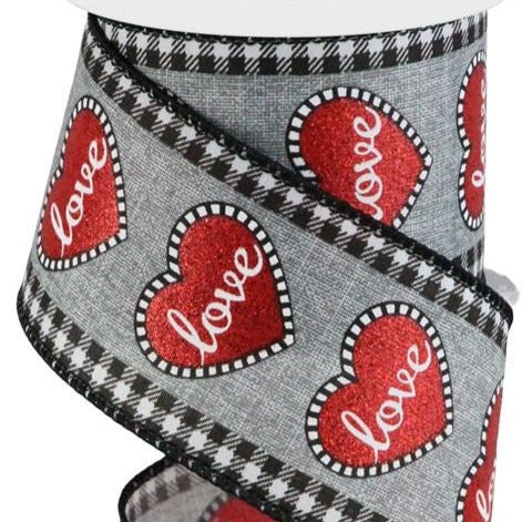 Valentine Wired Ribbon * Love Glitter Hearts w/Mini Check *  Grey, Black, White and Red Canvas  * 2.5" x 10 Yards * RGE107910