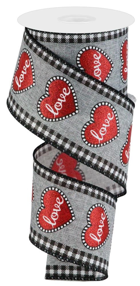 Valentine Wired Ribbon * Love Glitter Hearts w/Mini Check * Grey, Black,  White and Red Canvas * 2.5 x 10 Yards * RGE107910