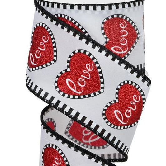 Valentine Wired Ribbon * Love Glitter Hearts With Stripe * Black, White and Red Canvas  * 2.5" x 10 Yards * RGE107927