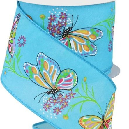 Wired Ribbon * Butterfly Branches *  Turquoise and Multi Colors Canvas  * 2.5" x 10 Yards * RGE111003