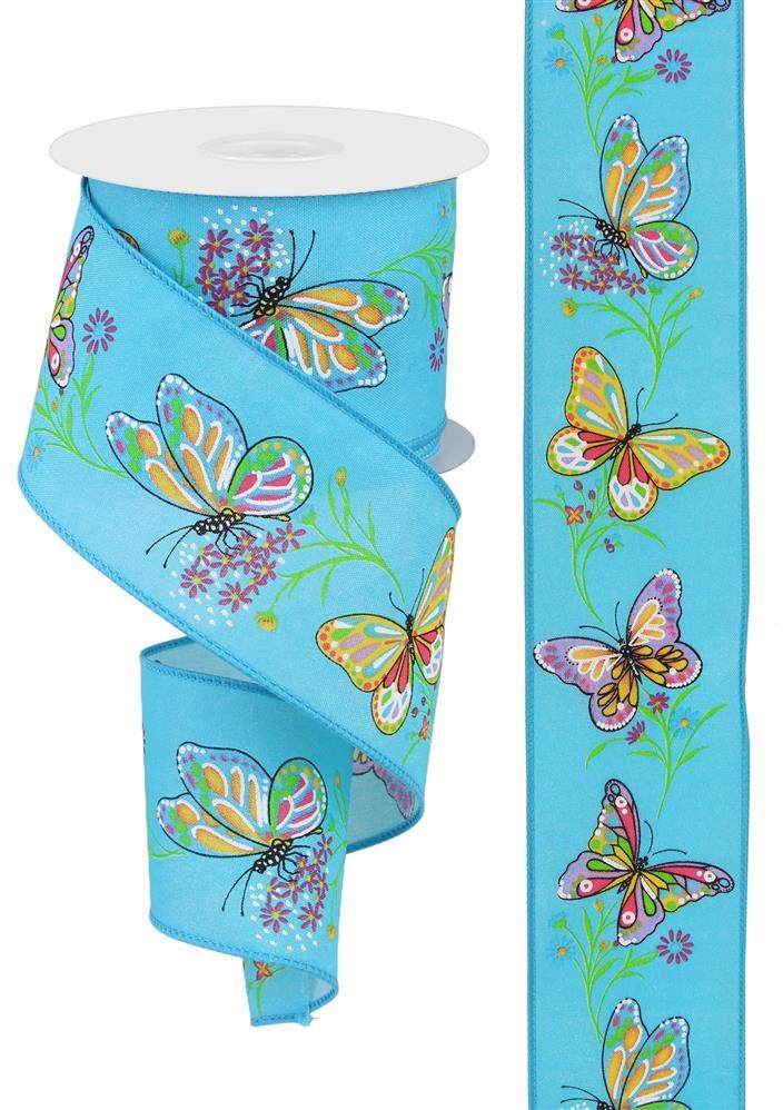 Wired Ribbon * Butterfly Branches *  Turquoise and Multi Colors Canvas  * 2.5" x 10 Yards * RGE111003