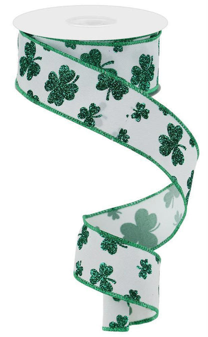 Wired Ribbon * Glittered Shamrocks * Kelly Green and White Canvas * 1.5" x 10 Yards * RGE112227