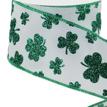Wired Ribbon * Glittered Shamrocks * Kelly Green and White Canvas * 2.5" x 10 Yards * RGE112327
