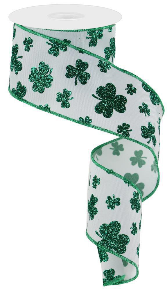 Wired Ribbon * Glittered Shamrocks * Kelly Green and White Canvas * 2.5" x 10 Yards * RGE112327