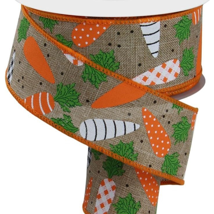 Beetroot Color Ribbon Wired Ribbon * Pattern Carrots * Lt. Beige, White, Orange, Green and B ...