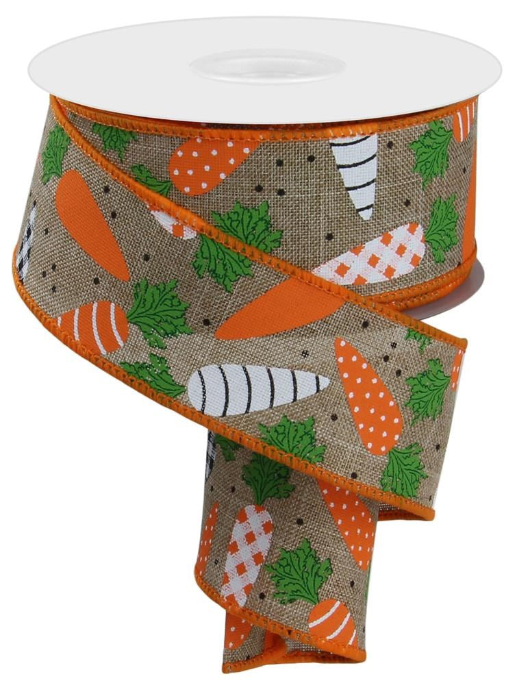 Wired Ribbon * Pattern Carrots *  Lt. Beige, White, Orange, Green and Black Canvas * 1.5" x 10 Yards * RGE112801