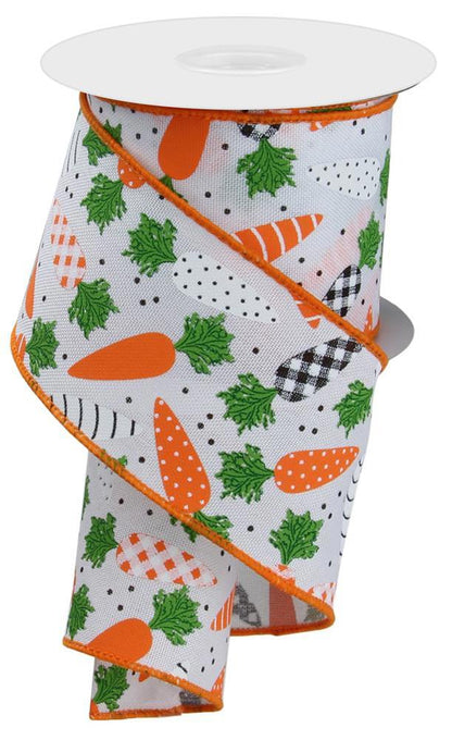 Wired Ribbon * Pattern Carrots *  White, Orange, Green and Black Canvas * 2.5" x 10 Yards * RGE112927