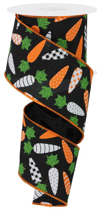 Wired Ribbon * Pattern Carrots *  White, Orange, Green and Black PG Canvas * 2.5" x 10 Yards * RGE113102