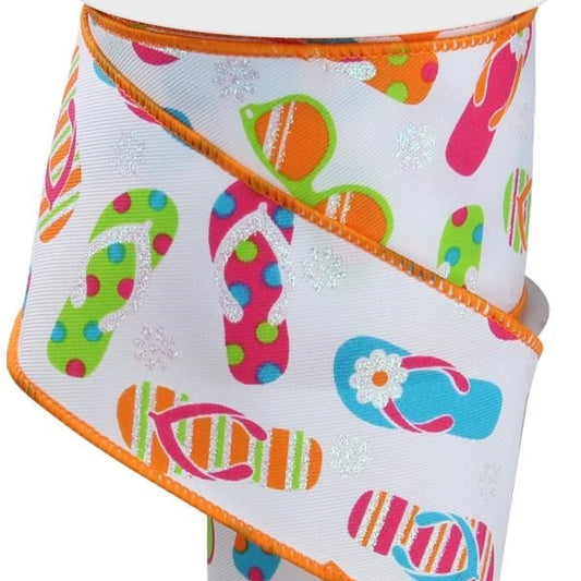 Wired Ribbon * Flip Flops and Sunglasses *  White/Multi Canvas  * 2.5" x 10 Yards * RGE115327