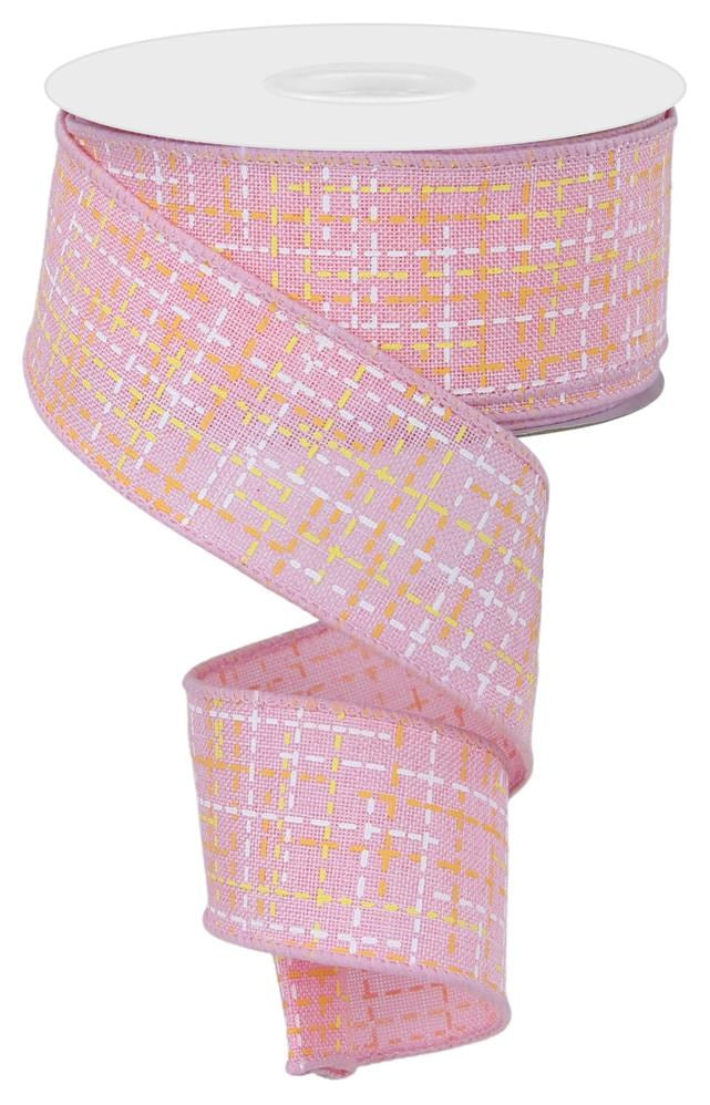 Wired Ribbon * Stitched Lines * Lt. Pink, White, Orange and Yellow * 1.5" x 10 Yards * Canvas * RGE117615