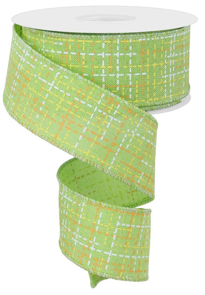 Wired Ribbon * Stitched Lines * Bright Green, White, Orange and Yellow * 1.5" x 10 Yards * Canvas * RGE1176H2
